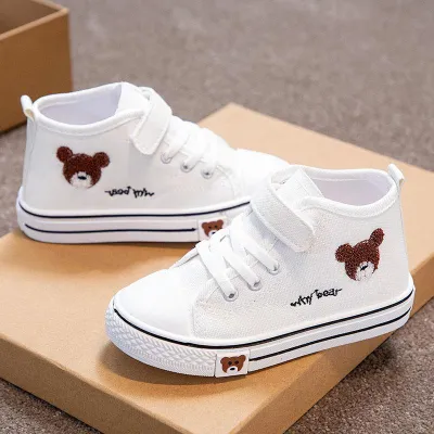 Teddy Bear White Canvas Sneakers – Cute High-Top Baby Shoes (Unisex)